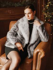 Anewsta Áo khoác cổ lông giả thanh lịch dành cho nữ, trang trọng, sang trọng, thích hợp cho mùa thu, đông, giáng sinh, đi chơi - Xám - Xem 4