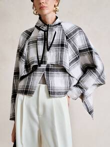 SHEIN Stylify 女式格子领蝴蝶结装饰休闲套头斗篷夹克，做旧格纹图案，可双面穿着，舒适适合日常、居家、通勤、秋冬外套