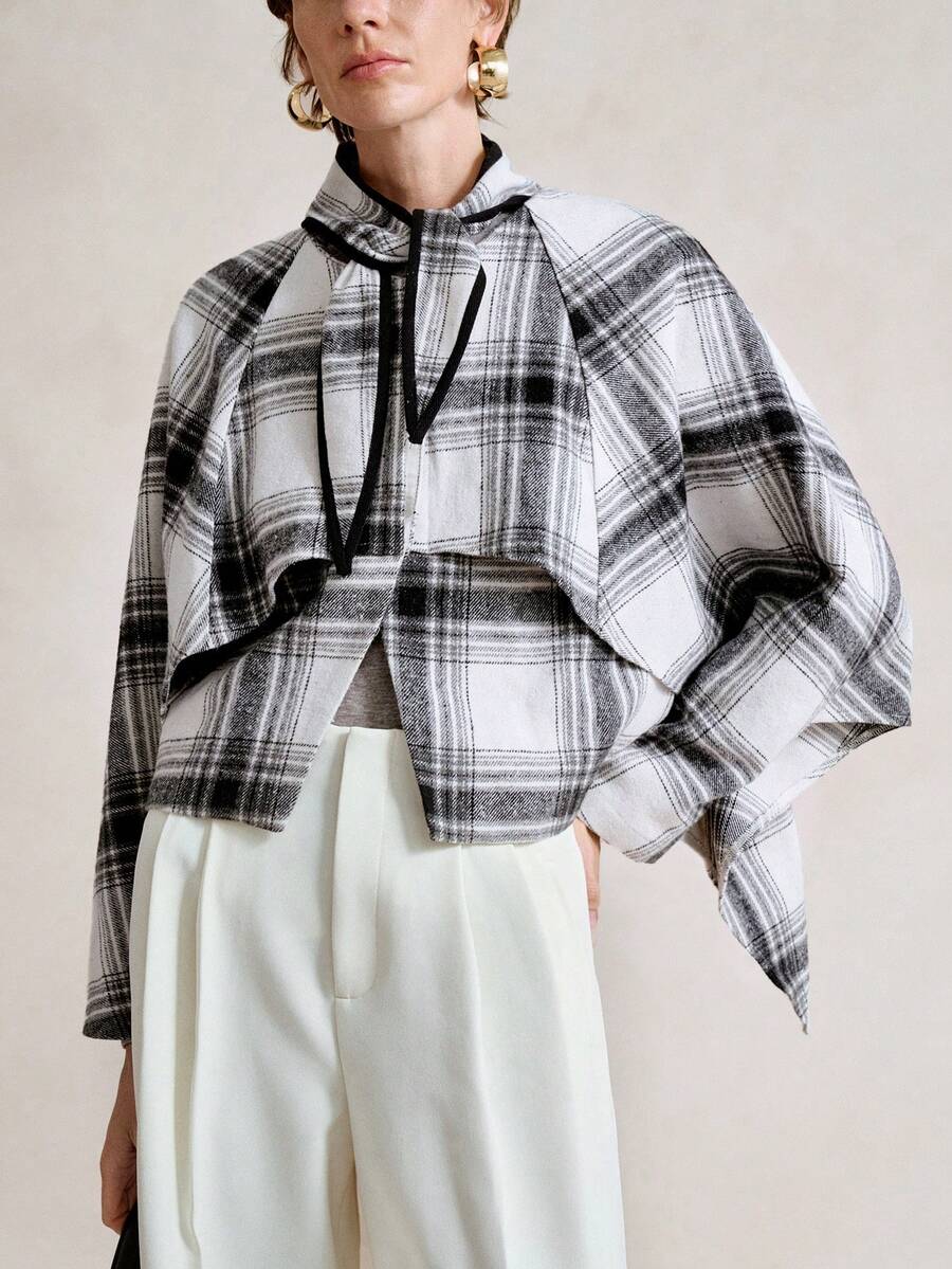 SHEIN Stylify 女式格子领蝴蝶结装饰休闲套头斗篷夹克，做旧格纹图案，可双面穿着，舒适适合日常、居家、通勤、秋冬外套