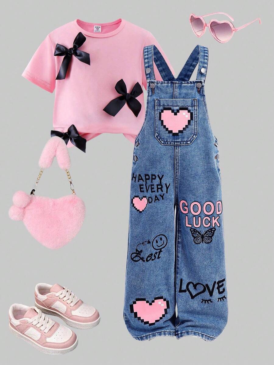 SHEIN 年轻女孩 Y2K 新款花卉心形彩虹涂鸦可爱印花时尚休闲柔软牛仔连体裤（不含 T 恤）、女孩宽松直筒牛仔裤连体裤、女孩秋冬装、返校返校节街头服饰 - 中等水洗藍 - 查看 1