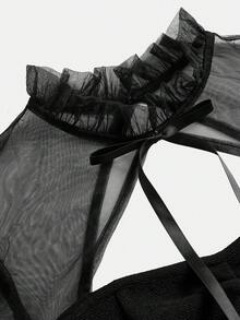 Girlism 少女网眼拼布蝴蝶结领长袖优雅连衣裙 - 黑色 - 查看 5