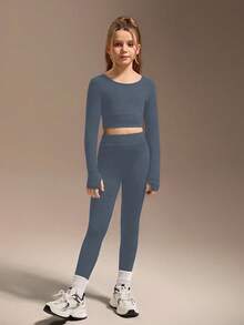 SHEIN Set di abbigliamento attivo a maniche lunghe per ragazze pre-adolescenti, tessuto leggero e ad alta elasticità con design a incrocio sulla schiena, adatto per fitness, ciclismo, jogging, sport