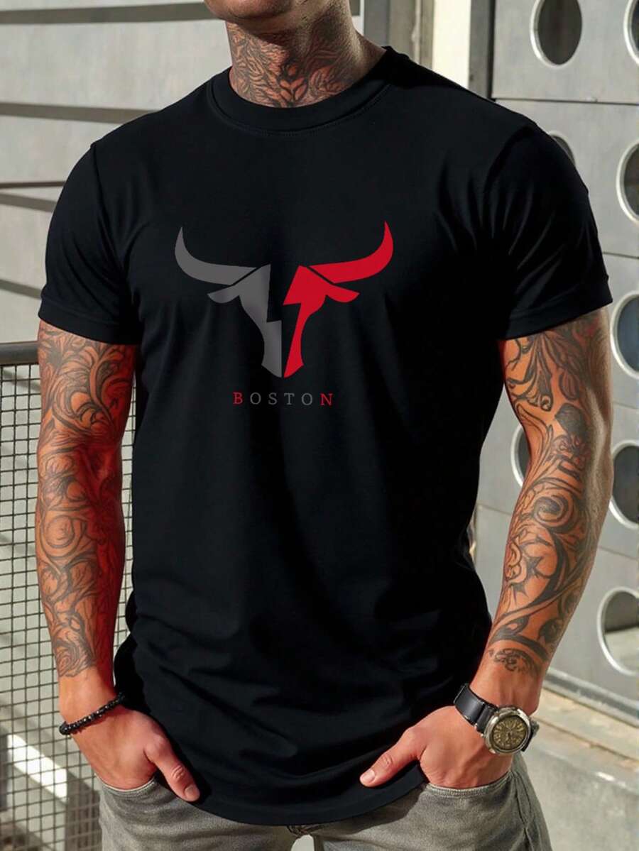 Manfinity Homme 男士休闲公牛印花短袖T恤，夏季 - 黑色 - 查看 1