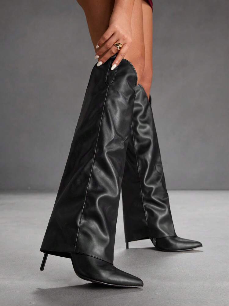 CUCCOO SZL Women's Fashion Sexy Classic Black Studded Pointed Toe High Heel Boots With Side Zipper, Comfortable Tall Boots