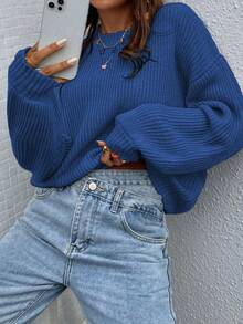 EMERY ROSE Suéter holgado de punto acanalado de unicolor minimalista para mujer, otoño/invierno - Azul - Ver 4