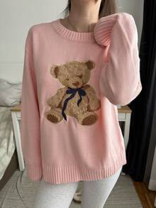 CovetEZ 粉色罗纹针织女式毛衣：长袖，圆领，饰有可爱的泰迪熊刺绣，常规版型，休闲百搭，秋冬季针织衫 - 粉色 - 查看 3