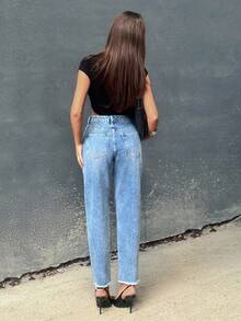EURMUSE Lässige Jeans mit hoher Taille, geradem Bein und Taschen mit Reißverschluss, geeignet für den täglichen Gebrauch - Mittele Waschung - Übersicht 2