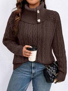 Calvaya Plus Size Women Cable Pattern Long Sleeve Casual Turtleneck Sweater, Autumn/Winter - Coffee Brown - View 6