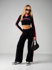Missguided x Playboy Cotton Long Sleeve Crop Top Wide Leg Pants Coordinated Set With Pink Contrast Detail Logo Print Casual Urban Streetwear Fashion Outfit