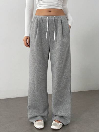 Flirla 1 pieza Pantalón de chándal de corte recto, cintura baja, con bolsillos, cordón, cintura elástica y ajuste holgado, forrado térmicamente, para mujer, adecuado para la escuela, uso diario y deportes, en estilo casual, deportivo, urbano y escolar