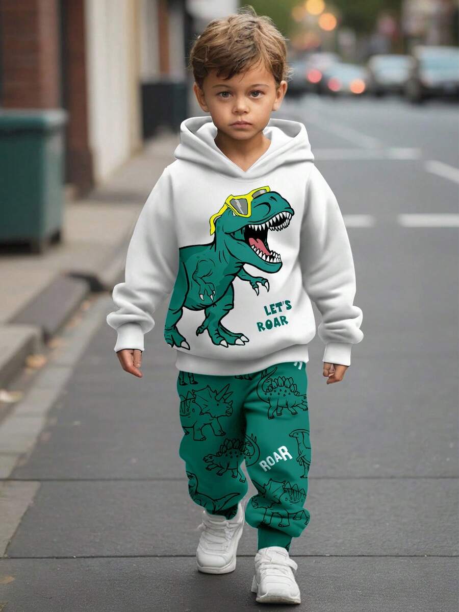 年轻男孩休闲宽松舒适卡通动物可爱恐龙运动风涂鸦宽松长袖连帽衫两件套，适合秋冬 - 彩色 - 查看 1