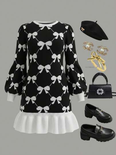 SHEIN MOD 圣诞节加大码撞色蝴蝶结长袖毛衣连衣裙，永不过时，Kooky Elegance 系列加大码女装秋冬修身性感蝴蝶结提花荷叶边撞色毛衣连衣裙