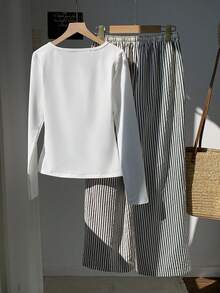 Comfortcana 2025 New Fall And Winter Women's Casual Embroidered Detail Button-Up Top And Striped Pants 2 Pieces Set, Autumn White Set Beach Outfits For Women Thanksgiving Outfit For Women New Year Women's Clothes Christmas Outfit For Women