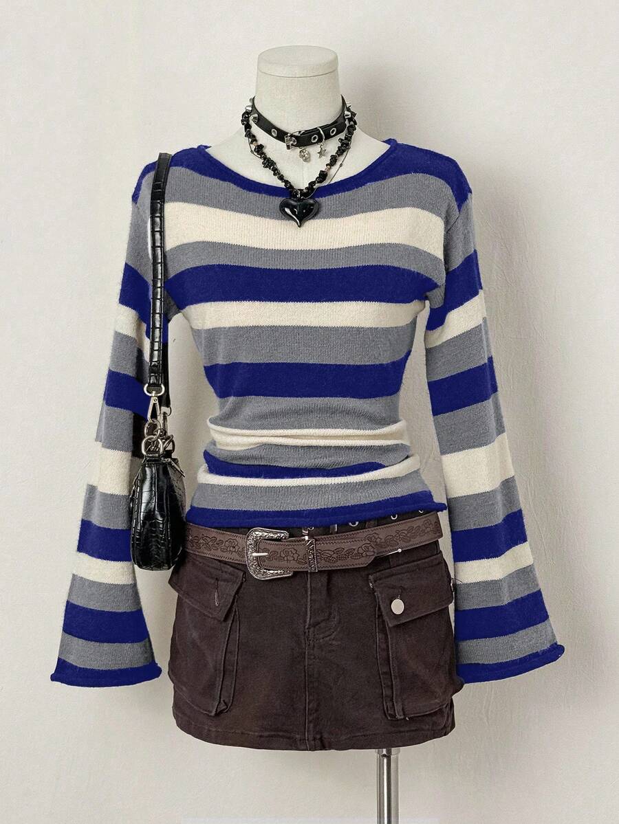 SHEIN Unity 女士圆领落肩长袖修身条纹针织毛衣 - 藍色 - 查看 1