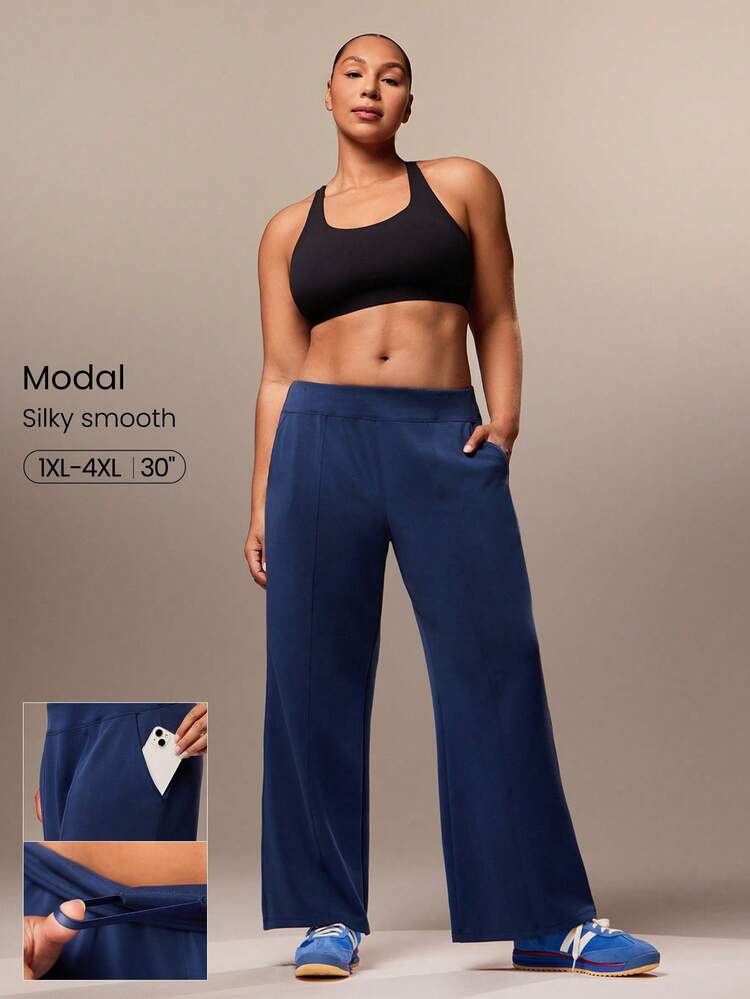 Pantalones anchos de pierna ancha con cintura ajustable con cordón y bolsillos laterales, de modal y talla grande, para uso diario y casual