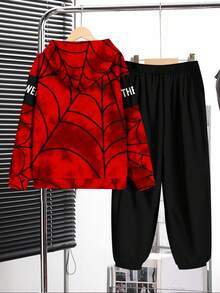 Conjunto de sudadera con capucha de manga larga holgada y cómoda con estampado de araña en bloques de color y letras en inglés, estilo deportivo minimalista casual para adolescentes, adecuado para otoño/invierno - Multicolor - Ver 3