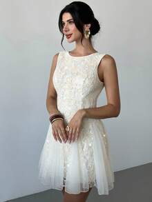 Firerie Women's Floral Textured Round Neck Sleeveless Elegant Contrast Mesh Dress,Mother's Day,Patchwork Tulle Dress, Princess Dress, Birthday Dress, Party Dress, Wedding Season, White Dress Embroidered Dress,Graduation,Prom,Country,Summer Dresses For Women - Apricot - View 5