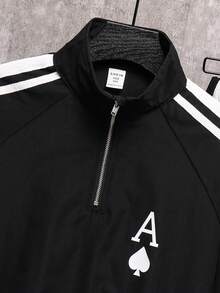 SHEIN 2pcs Kids/Tween Boys Casual Everyday Comfortable Stand Collar Half-Zip Pullover Jacket With Contrast Taping, And Loose Fit Drawstring Waist Pants Set, Suitable For School, Garden, Beach, Birthday, Spring, Summer, Fall, Winter - Black - View 2