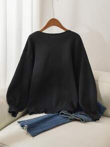 CosyJoli 大码休闲系带宽松针织开衫，冬季 - 黑色 - 查看 2