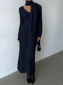 Elenzga 优雅浅杏色V领简约舒适复古风针织连衣裙配流苏围巾，适合秋冬通勤户外穿着 - 藍色 - 查看 5