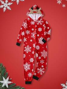 圣诞主题印花可爱卡通圣诞树、雪花、圣诞礼物、驯鹿服装长袖和裤子套装，抽绳下摆，可穿外套，妈妈和我，宝贝女孩，圣诞节家庭聚会，大女孩，睡衣，连体裤 - 紅色 - 查看 1