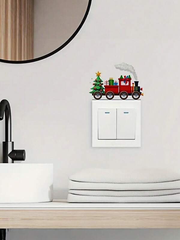 Joivida 1 pieza Pegatina de pared de tren y árbol de Navidad con patrón de hojas moderno - Pegatina autoadhesiva de plástico para interruptor, calcomanía de pared de PVC desprendible y resistente al agua para dormitorio, sala de estar, baño - Decoración de uso único con forma rectangular mate