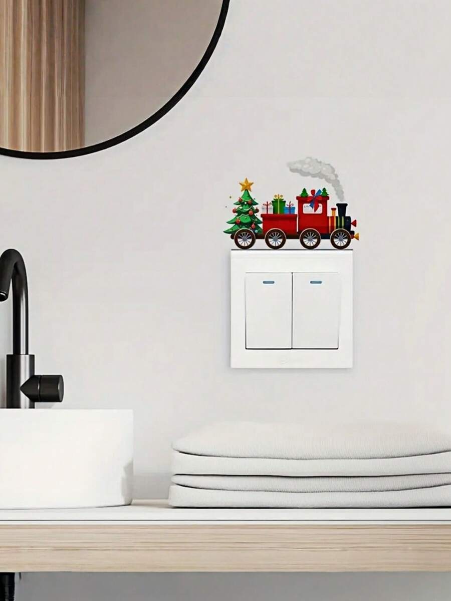 Joivida 1 pieza Pegatina de pared de tren y árbol de Navidad con patrón de hojas moderno - Pegatina autoadhesiva de plástico para interruptor, calcomanía de pared de PVC desprendible y resistente al agua para dormitorio, sala de estar, baño - Decoración de uso único con forma rectangular mate - Multicolor - Ver 1