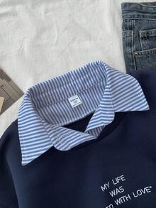 SHEIN 少女海军蓝条纹印花长袖休闲运动衫 - 藍色 - 查看 5