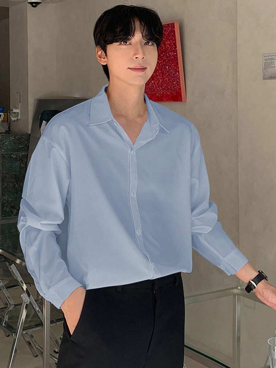 DAZY 男士休闲通勤衬衫，纯色落肩长袖前开襟纽扣衬衫，春秋季 - 淺藍色 - 查看 1