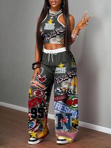 Slaydiva 2 件套大码女式休闲街头风格涂鸦字母和十字印花短款上衣和宽松裤子套装，适合街头穿着 - 彩色 - 查看 4