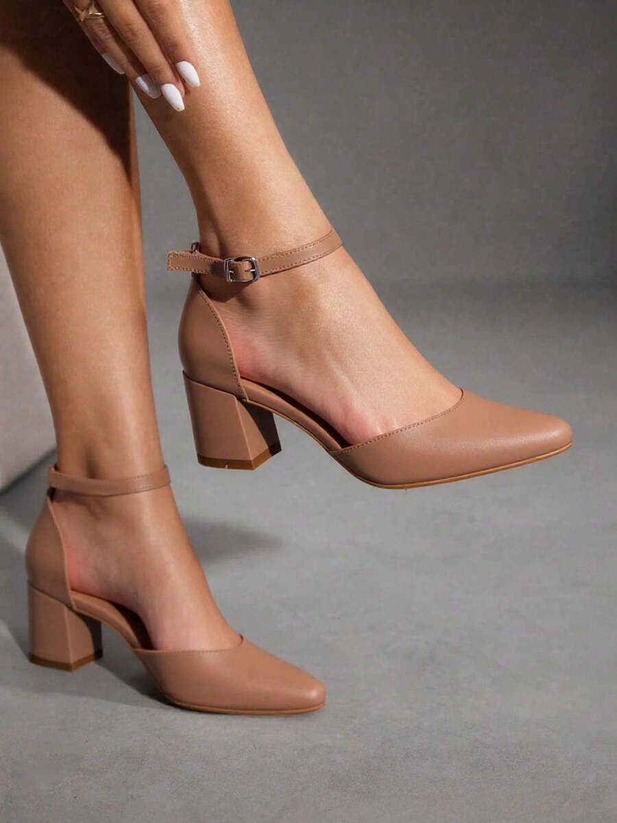 Zapato de vestir con tacón grueso, diferentes colores, punta puntiaguda y correa de tobillo para mujer, adecuados para ir a trabajar, citas, fiestas y vacaciones de otoño, Año Nuevo, Día de San Valentín, cualquier estación del año - Beis - Ver 1