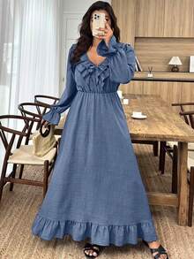 Weeklong Plus Size Women Solid Color Ruffle Collar Front Tie Long Sleeve Elegant Dress - Blue - View 5