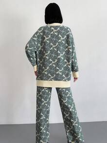 EURMUSE 女式休闲拼色开衫和针织裤两件套，秋冬 - 綠色 - 查看 2