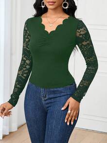 SHEIN Lady Elegante camiseta de manga larga de color verde oscuro sólido con aplicación de encaje, ideal para ir a trabajar o salir, camiseta de manga larga, top de color verde oscuro, top de manga larga con encaje, ideal para el Día de Acción de Gracias y Navidad
