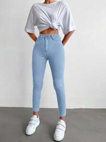 EURMUSE 96% Cotton High Waist Skinny Cropped Jeans - Baby Blue - View 4