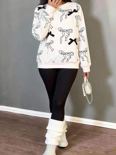 SHEIN Damen Lässiger Chic Schleifendesign Grafik Muster & 3D Schleife Dekor Rundhals Sweatshirt und Leggings Set, geeignet für Herbst, Lässig