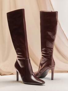 SHUZIA Botas hasta la rodilla con tacón de aguja minimalista y clásico para mujer - Marrón - Ver 6