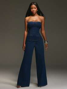 NYA SZN Valerie Pant Denim High Rise Trouser Oversized Casual Everyday Streetwear Basic Vintage Modest Y2K Back To School Fall Business Casual Office Dark Wash Statement Festival - Dark Wash - View 1