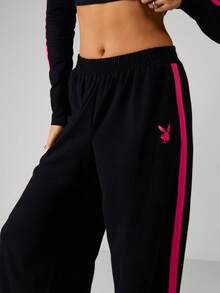 Missguided x Playboy Cotton Long Sleeve Crop Top Wide Leg Pants Coordinated Set With Pink Contrast Detail Logo Print Casual Urban Streetwear Fashion Outfit