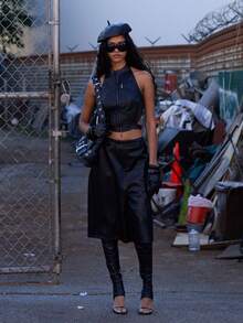 MUSERA Faux Leather High Neck Zip Through Open Back Racer Style Top Fall Autumn Winter Streetwear Cool Night Out Everyday Sexy Elegant Holidays Party Summer Spring - Black - View 2