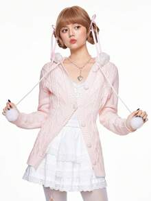 ROMWE Kawaii 1 件女式 Himekaji 可爱甜美连帽拼布流苏开衫 - 粉色 - 查看 6