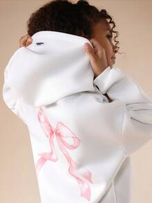 SUMWON Bow Print Graphic Pullover Hoodie For Tweens With Centre Pocket Hood Casual Sweatshirt - White - View 4