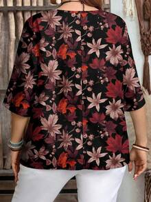 EMERY ROSE Plus Size Women Casual Leaf Print 3/4 Sleeve Shirt, Suitable For Summer - Multicolor - View 2