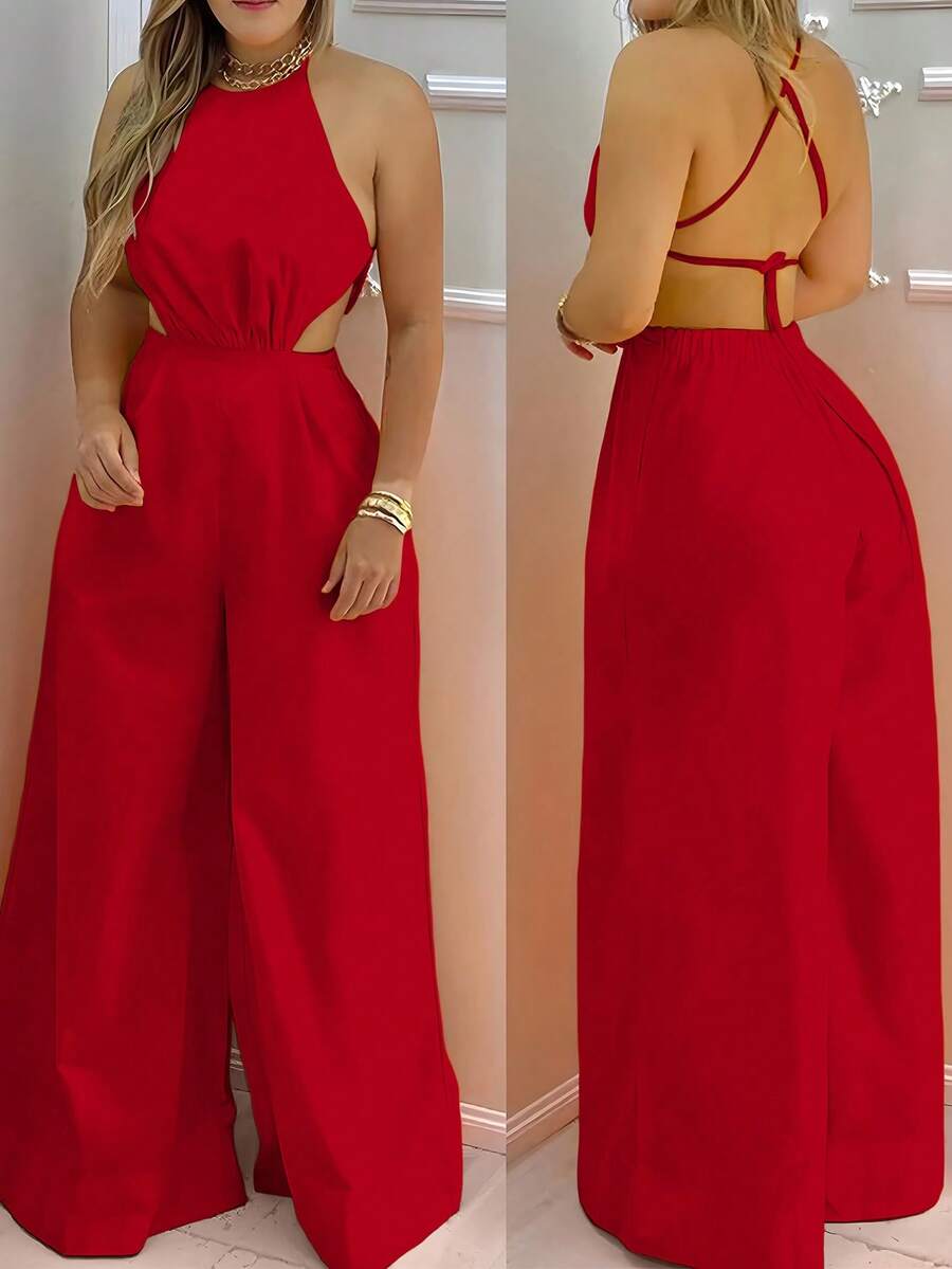 INAWLY Bộ đồ liền thân ống đứng hở lưng buộc cổ thường ngày cho nữ - Đỏ - Xem 1
