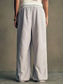 AXEPEAK 男士休闲宽松梭织条纹拼布腰带直筒裤，适合学校、秋季 - 卡其色 - 查看 2