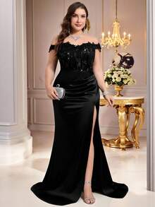 Coutiva Vestido de noche de satén con abertura alta, diseño de aplicaciones accionadas a mano, cuello de un solo hombro y bajo con corte, adecuado para invitados de boda, ceremonia de graduación y fiesta de baile, talla grande y elegante