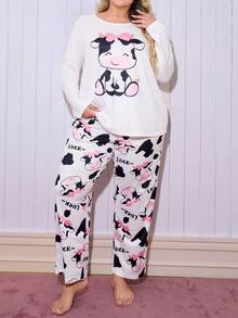 SHEIN Conjunto de Pijama Estampa de Vaca com Laço Fofo Plus Size, Conjunto de Pijama de Vaca Moo Moo para Mulheres, Roupa de Dormir, Pijamas Estampa de Vaca Fofos, Pijamas Cartoon para Mulheres, Roupas de Outono e Inverno - Multicolorido - Visão 3
