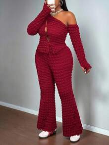 Slaydiva Party Exclusive 2025 New Preppy Style Autumn/Winter New Women's Plus Size Cold-Shoulder Asymmetric Hollow Long Sleeve Top + Bodycon Flare Pants Outfit, Suitable For Party, Outing, Sexy, Date, Bar, Fashion