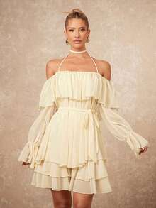 SHEIN Privé 女式休闲度假风格纯色露肩系带荷叶边袖系带迷你连衣裙，春夏秋 - 杏色 - 查看 5