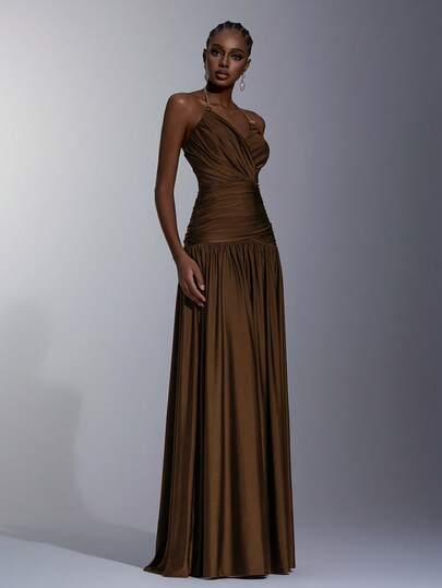 Elitara 优雅简约深棕色弹力针织手工金属链细肩带 V 领褶饰美人鱼女式正式晚礼服